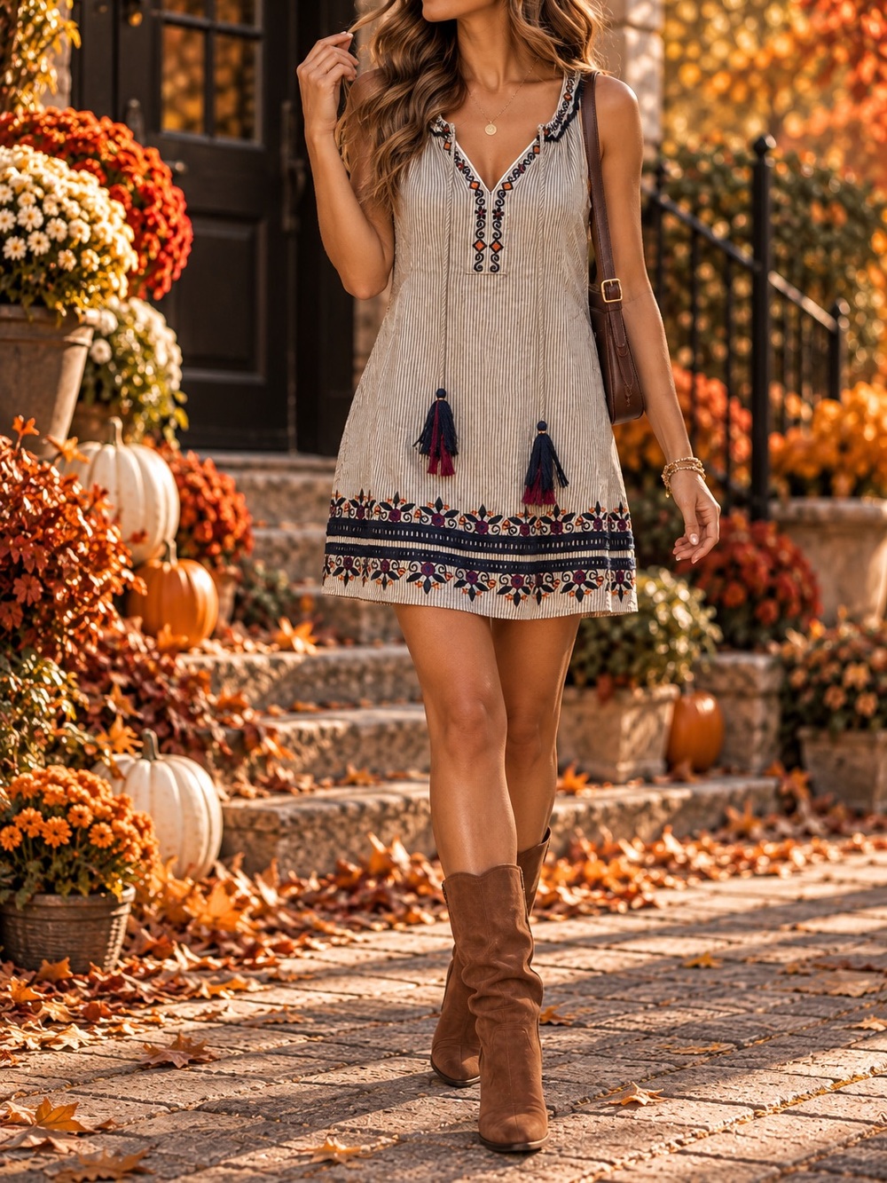THML Striped Embroidered Tassel Sleeveless Mini Dress Small S
